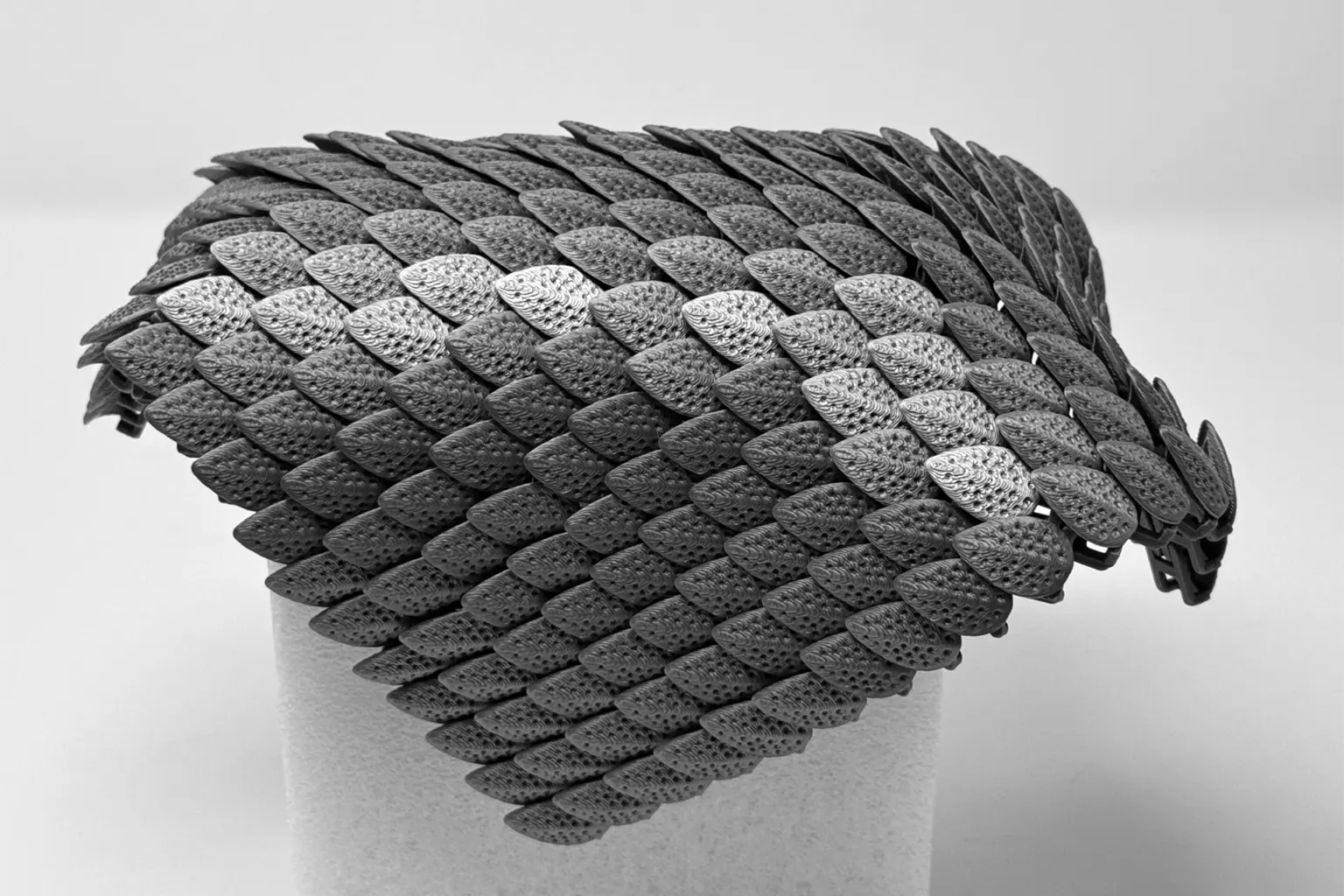 3D-printed leaf armor made of interlocking gray scales